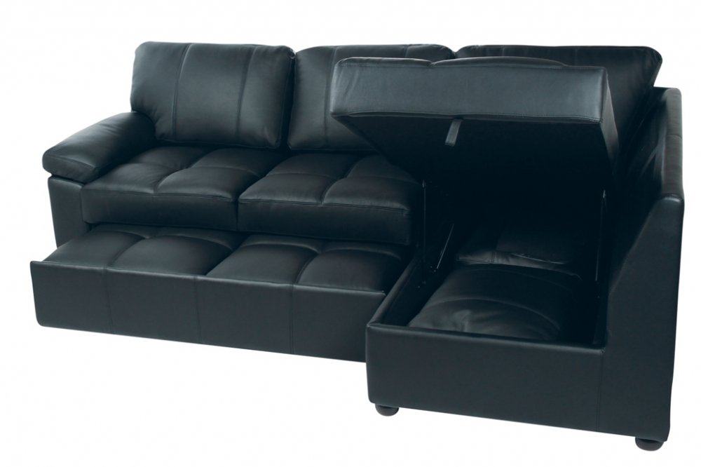 Lina Leather Corner Sofabed Black+ Storage Right Hand Foot Stool - Click Image to Close