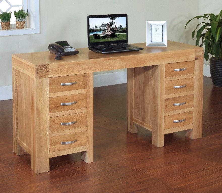 Santana Blonde Oak Desk with 8 Drawers - Click Image to Close