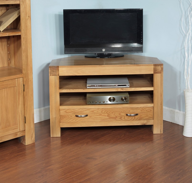 Santana Blonde Oak Corner TV Cabinet with 1 Drawer and 2 Shelves - Click Image to Close