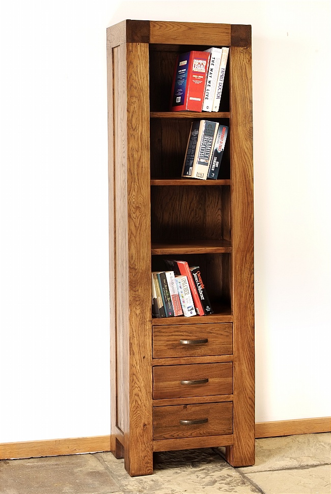 Santana Reclaimed Oak Slim Bookcase With 3 Drawers - Click Image to Close