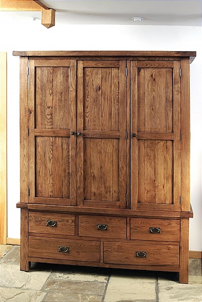Brooklyn Reclaimed Oak Wardrobe Triple With Drawers - Click Image to Close
